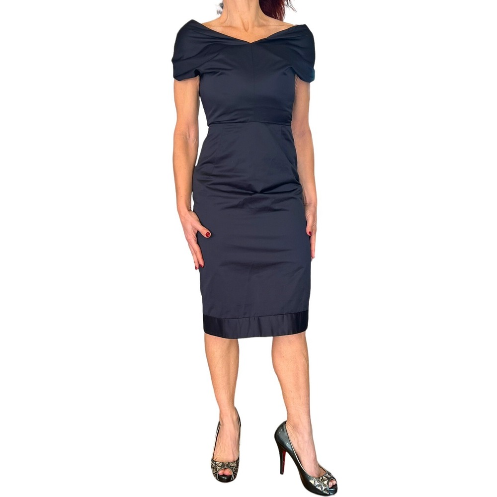 YSL YVES SAINT LAURENT NAVY OFF THE SHOULDER BOW SHEATH COCKTAIL DRESS 36 2